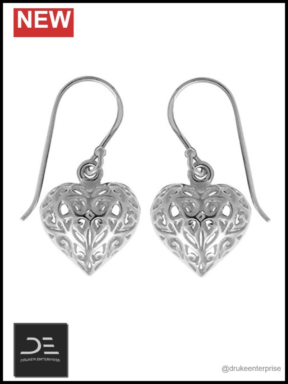 Sterling Silver Filigree Puffy Heart Leverback Earrings